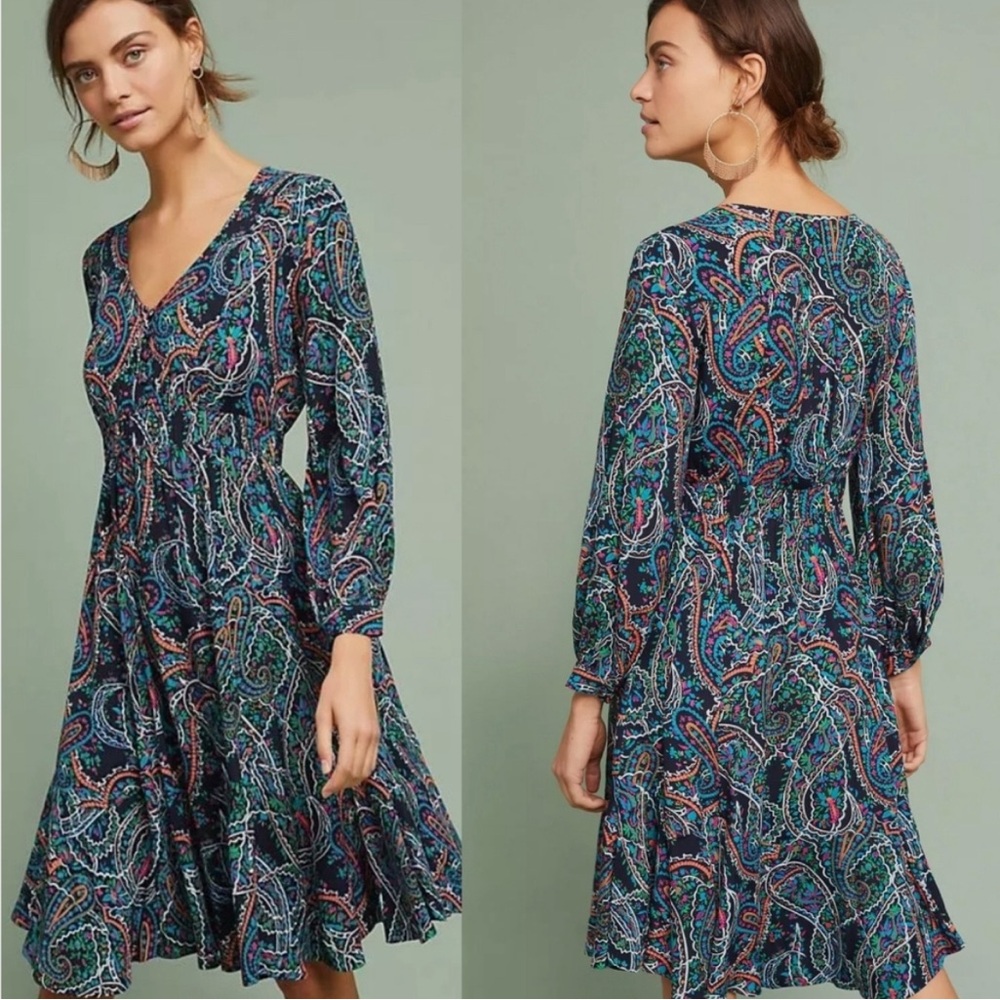 Anthropologie Maeve Boho Paisley Maplewood Viscose Dress Women's Size XS